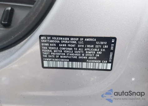 2013 Volkswagen Passat 2.5L Se z USA, uszkodzony, nr VIN 1VWBP7A39DC080339